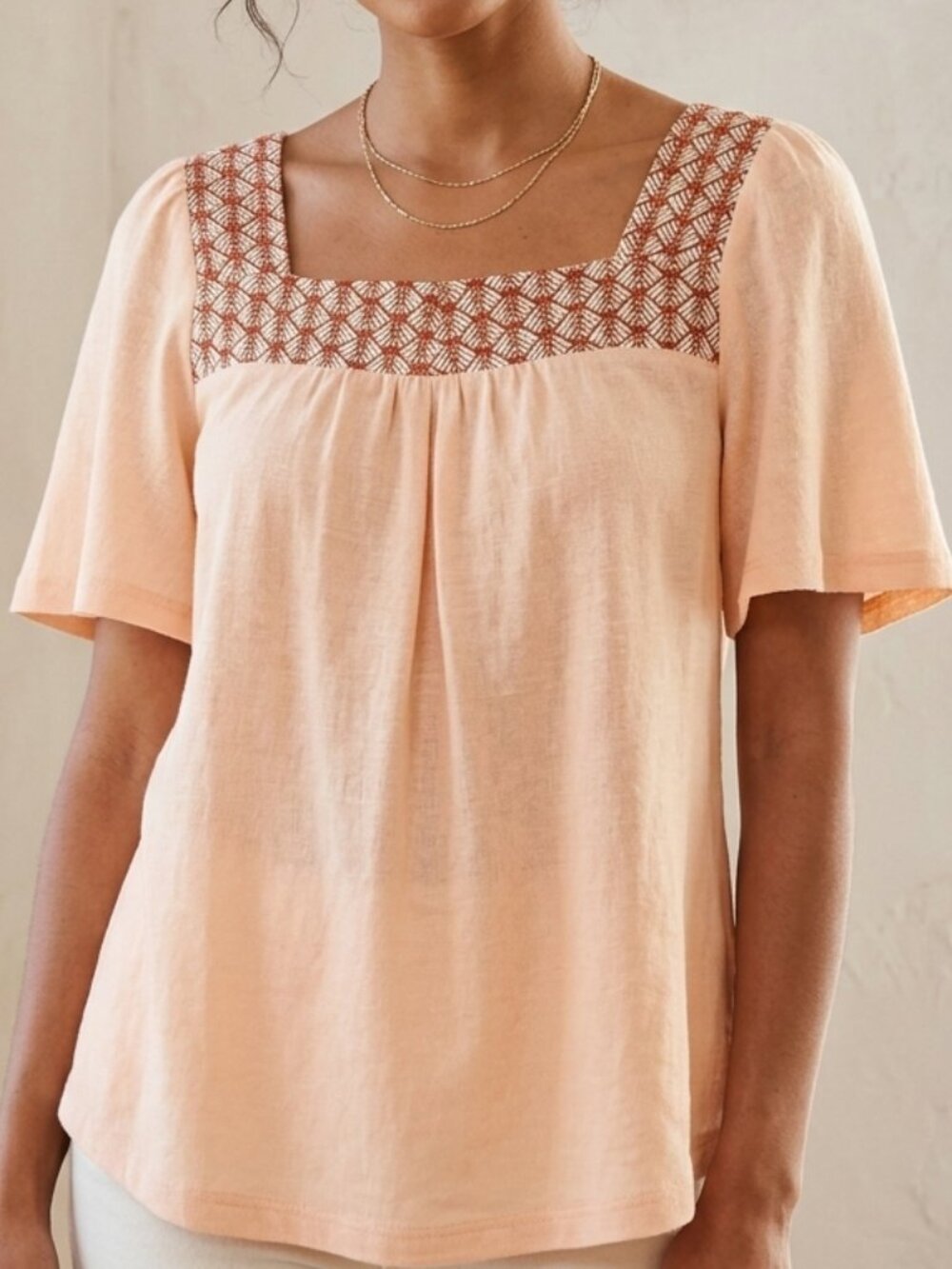 Kori America Peach Blouse – Square Neck Short Sleeve Boho Top – Size S